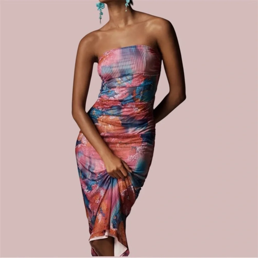 soleil slim strapless ruched dress ANTHROPOLOGIE NWT $168 The Soleil Mesh Slim Strapless Ruched Dress Size Medium